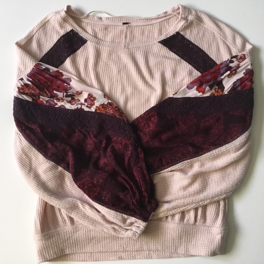 Free People Casual Long Balloon Sleeves Clash Top Womans Small Rose Petal Combo - Picture 3 of 10